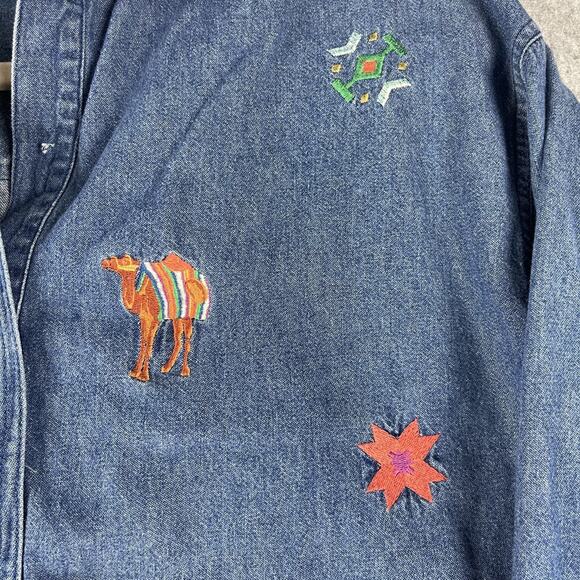 Vintage The Eagles Eye Embroidered Top Womens Medium Blue Denim Tribal Aztec 90s - Picture 6 of 15